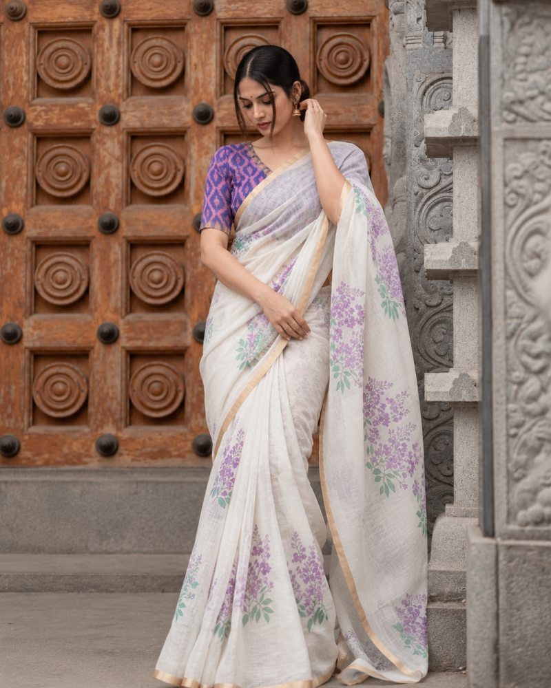 Off-White Lavender Floral Printed Linen Saree