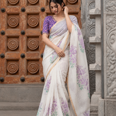 Off-White Lavender Floral Printed Linen Saree