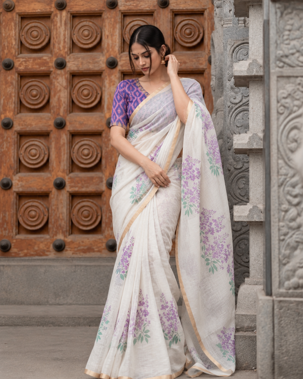 Off-White Lavender Floral Printed Linen Saree