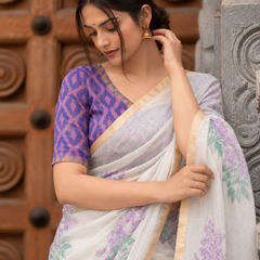 Off-White Lavender Floral Printed Linen Saree