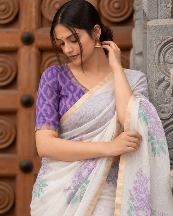 Off-White Lavender Floral Printed Linen Saree