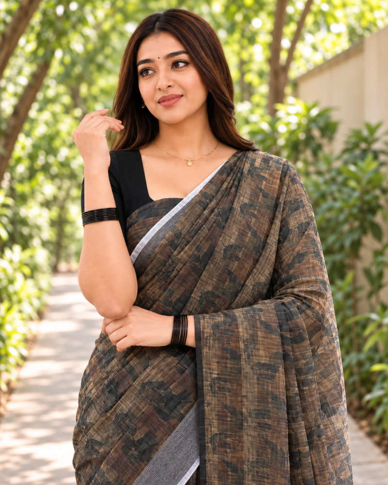 Slate Bronze Crosshatch Chanderi Saree