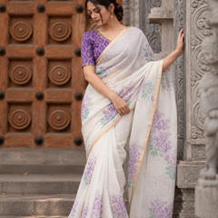Off-White Lavender Floral Printed Linen Saree