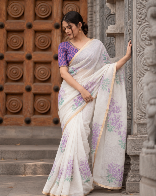 Off-White Lavender Floral Printed Linen Saree