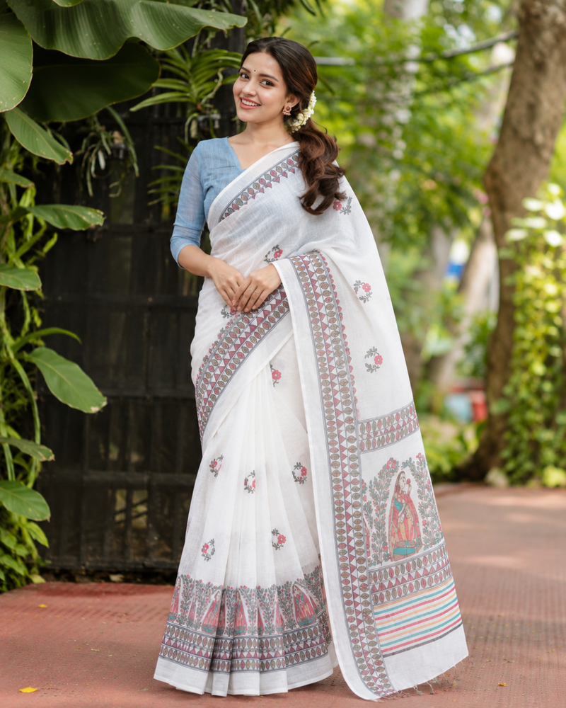 Classic White Kalamkari Figurine Printed Linen Saree