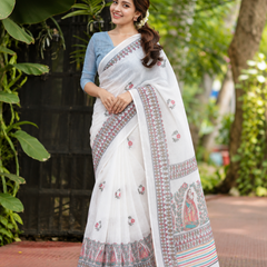 Classic White Kalamkari Figurine Printed Linen Saree