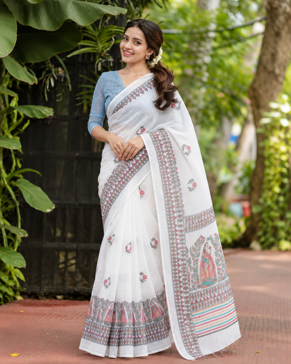 Classic White Kalamkari Figurine Printed Linen Saree