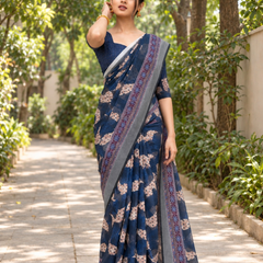 Indigo Folk Motif Check Chanderi Saree