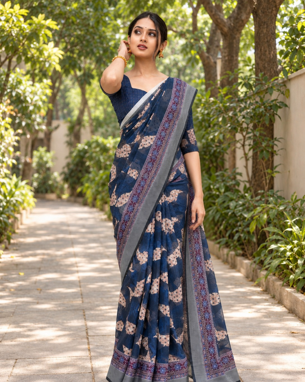 Indigo Folk Motif Check Chanderi Saree