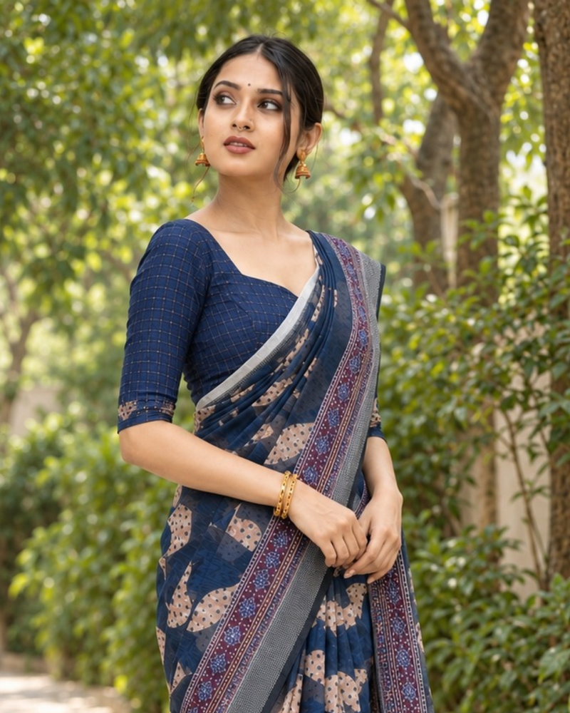 Indigo Folk Motif Check Chanderi Saree