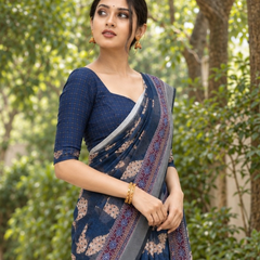 Indigo Folk Motif Check Chanderi Saree