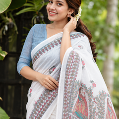 Classic White Kalamkari Figurine Printed Linen Saree