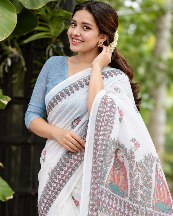 Classic White Kalamkari Figurine Printed Linen Saree