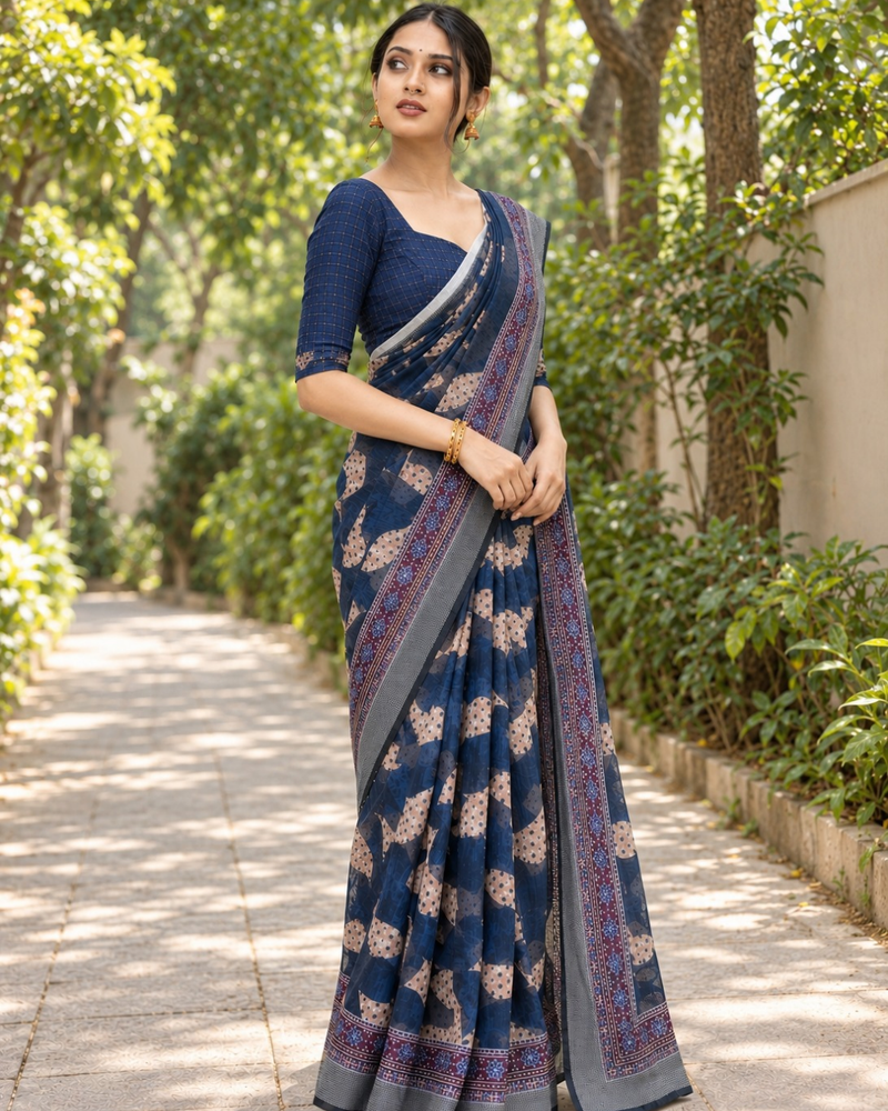 Indigo Folk Motif Check Chanderi Saree