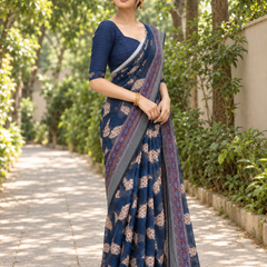 Indigo Folk Motif Check Chanderi Saree