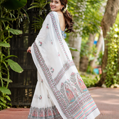 Classic White Kalamkari Figurine Printed Linen Saree