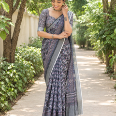 Charcoal Twilight Botanical Chanderi Saree