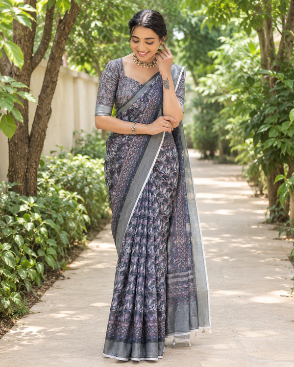 Charcoal Twilight Botanical Chanderi Saree