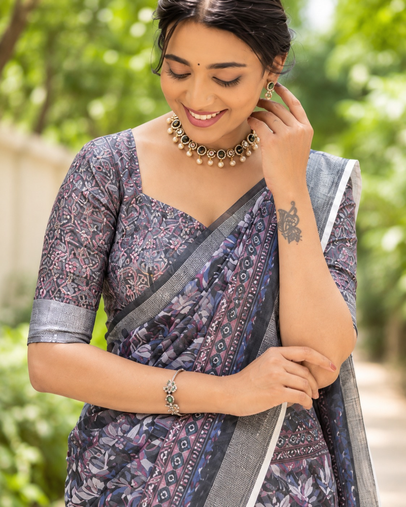 Charcoal Twilight Botanical Chanderi Saree