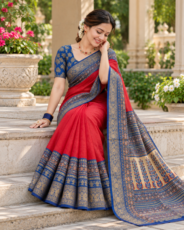 Crimson Red Patola & Brocade Contrast Premium Silk Saree