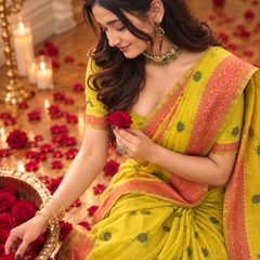 Lime Yellow Lotus Pallu Jamdani Cotton Saree