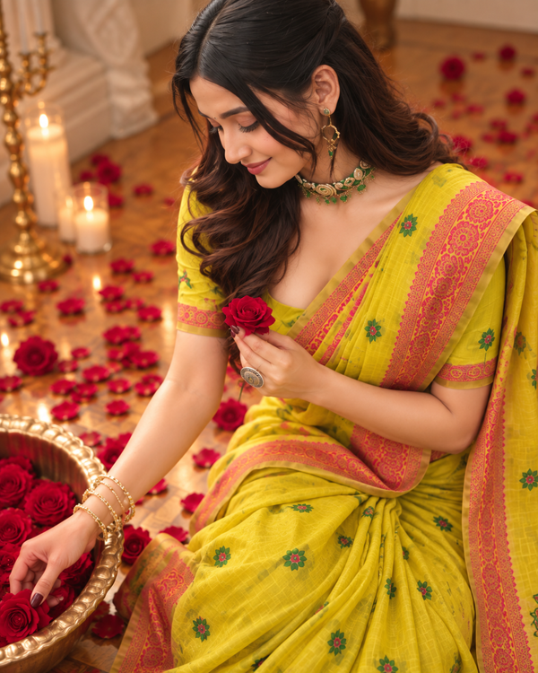 Lime Yellow Lotus Pallu Jamdani Cotton Saree