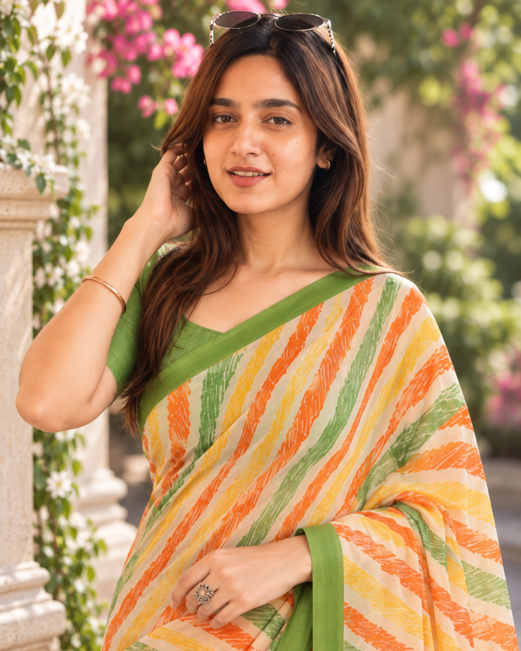 Sunshine Tricolor Leheriya Rose Saree