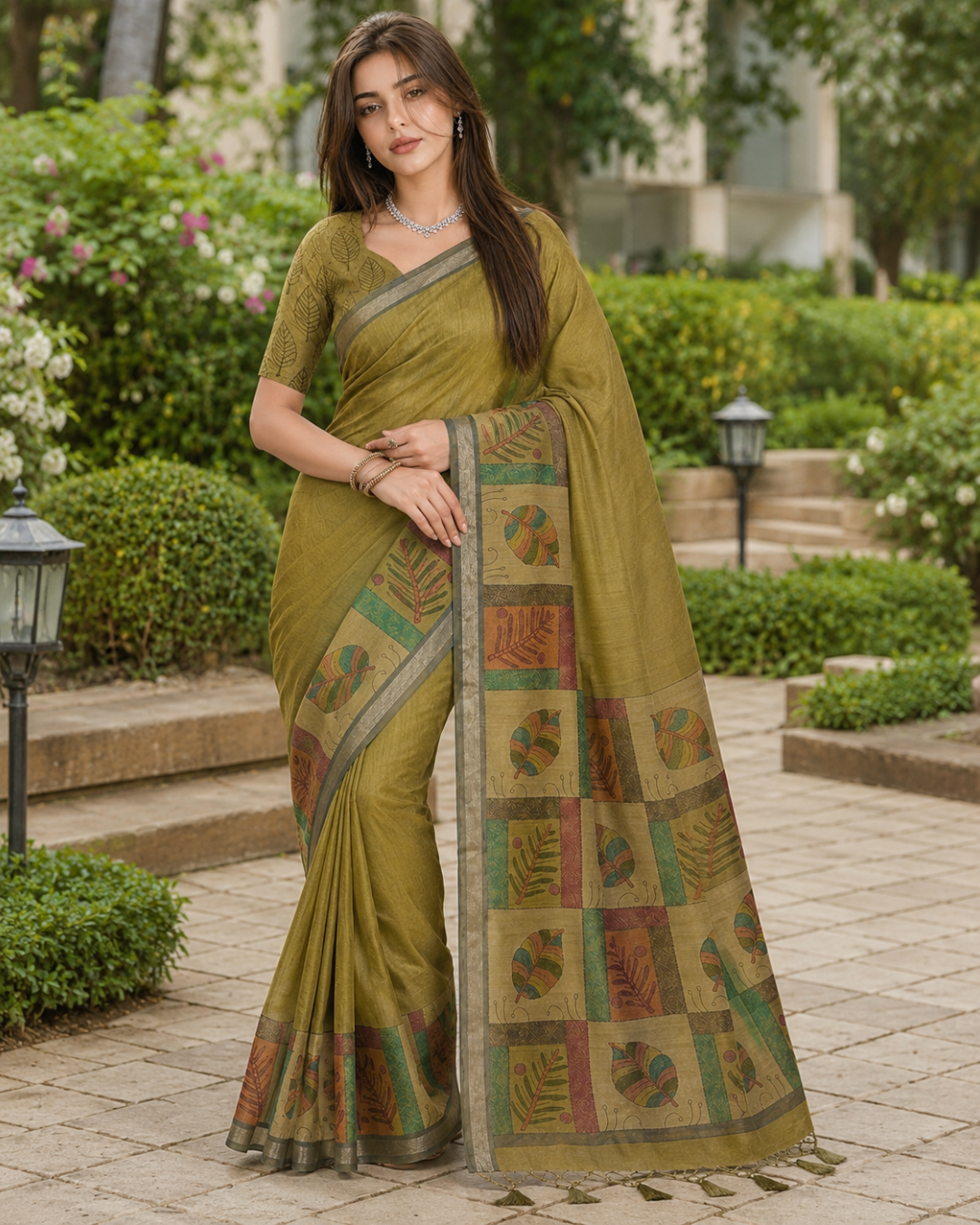 Olive Moss Green Folk Botanical Tile Premium Silk Saree