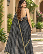 Midnight Black Leheriya Zari Chanderi Saree