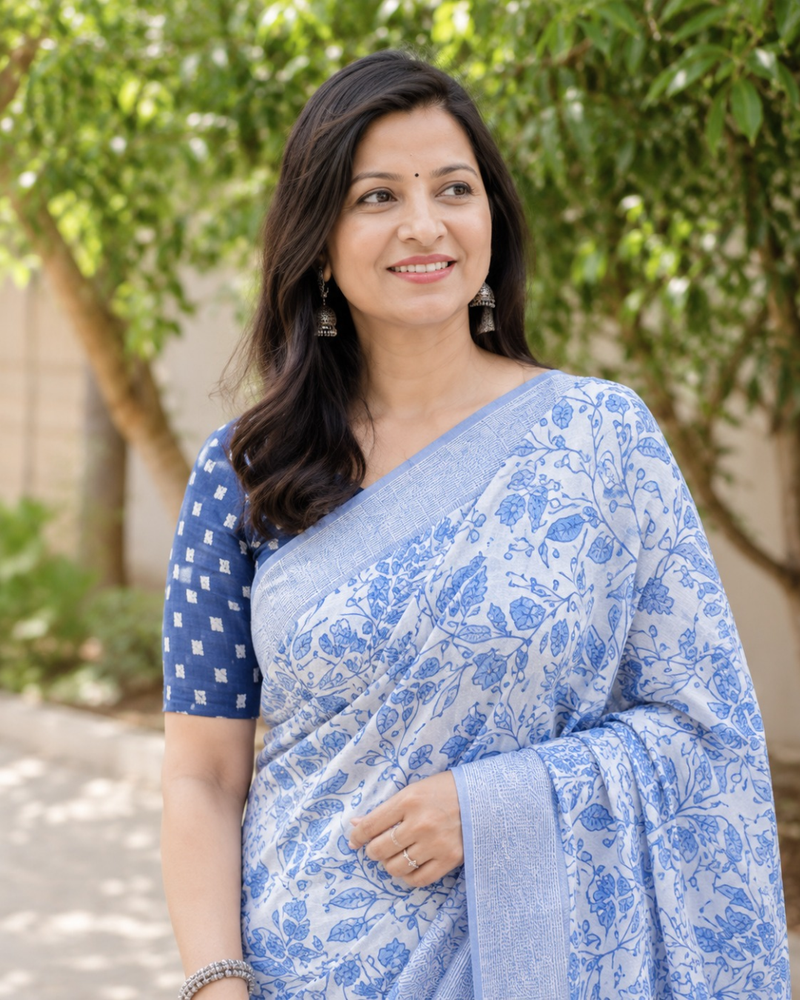 French Blue Floral Jaal Chanderi Saree