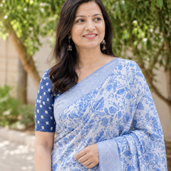French Blue Floral Jaal Chanderi Saree