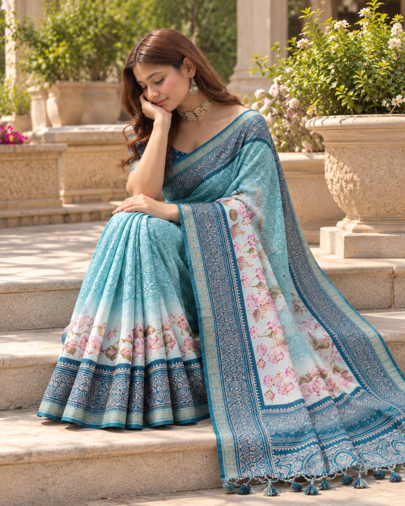 Sky Blue Floral Botanical Border Premium Silk Saree