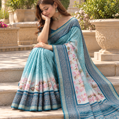 Sky Blue Floral Botanical Border Premium Silk Saree
