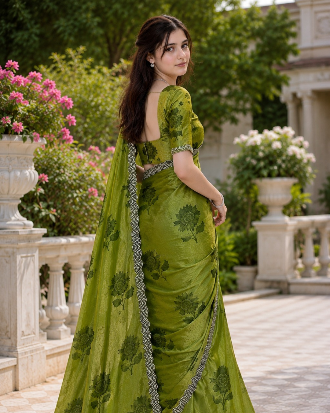 Olive Green Sunflower Print Fandy Silk Saree
