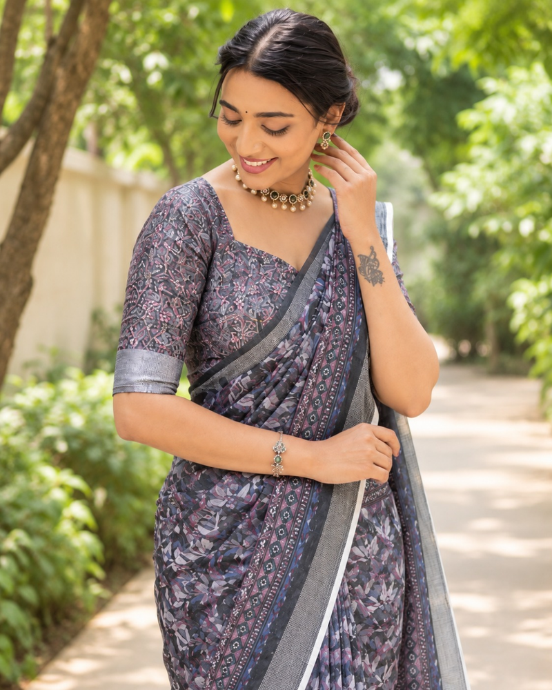 Charcoal Twilight Botanical Chanderi Saree