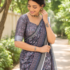Charcoal Twilight Botanical Chanderi Saree
