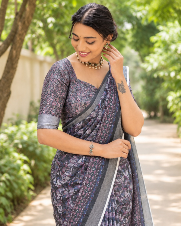 Charcoal Twilight Botanical Chanderi Saree