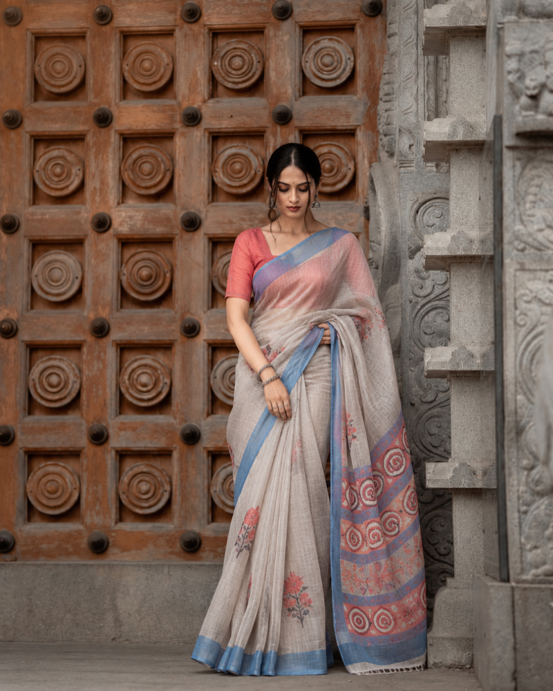 Natural Grey Kalamkari Tribal Spiral Motif Linen Saree