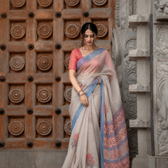 Natural Grey Kalamkari Tribal Spiral Motif Linen Saree