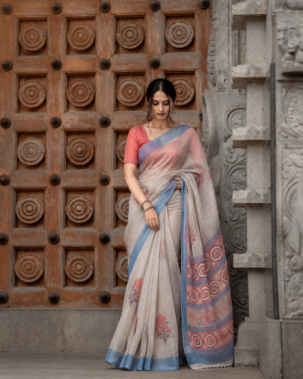 Natural Grey Kalamkari Tribal Spiral Motif Linen Saree