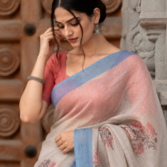 Natural Grey Kalamkari Tribal Spiral Motif Linen Saree