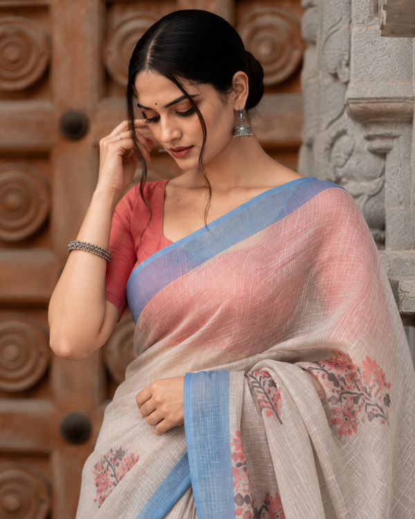 Natural Grey Kalamkari Tribal Spiral Motif Linen Saree