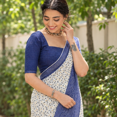 Ivory Indigo Bandhani Border Chanderi Saree