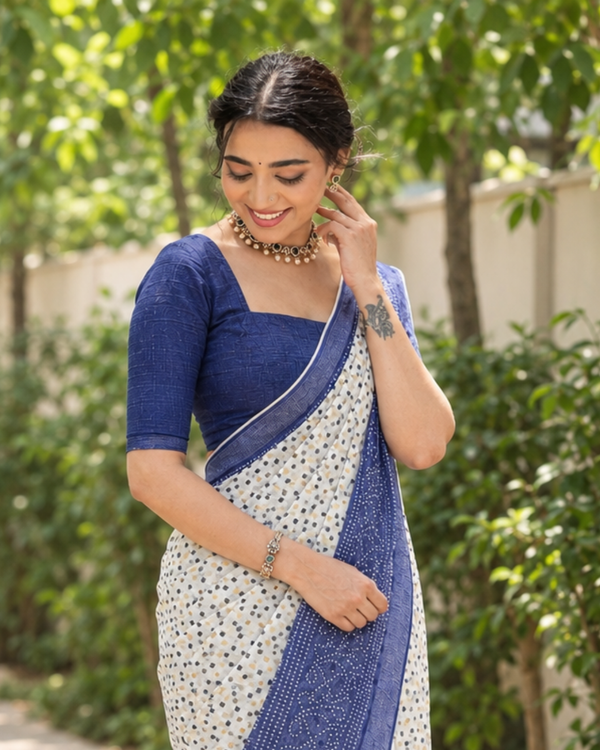 Ivory Indigo Bandhani Border Chanderi Saree