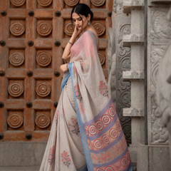 Natural Grey Kalamkari Tribal Spiral Motif Linen Saree