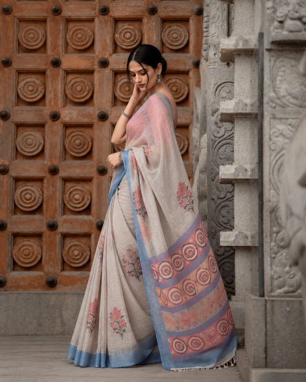 Natural Grey Kalamkari Tribal Spiral Motif Linen Saree