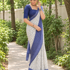Ivory Indigo Bandhani Border Chanderi Saree