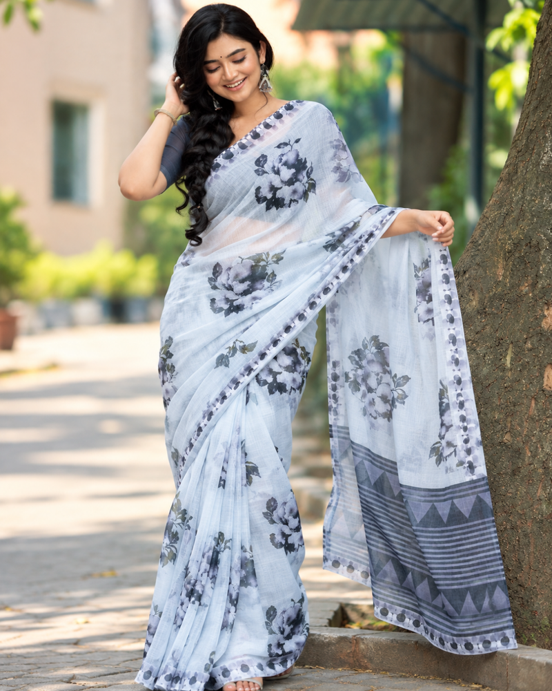Ice Blue Dramatic Charcoal Peony Linen Saree