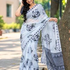 Ice Blue Dramatic Charcoal Peony Linen Saree