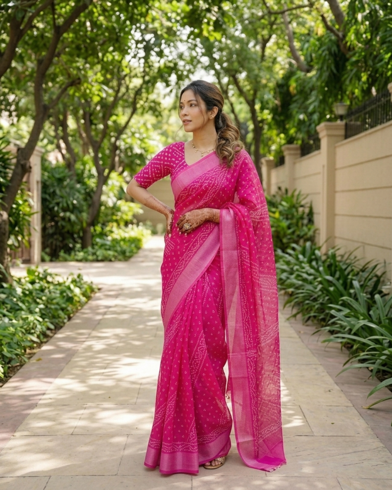 Rani Pink Bandhani Wave Chanderi Saree